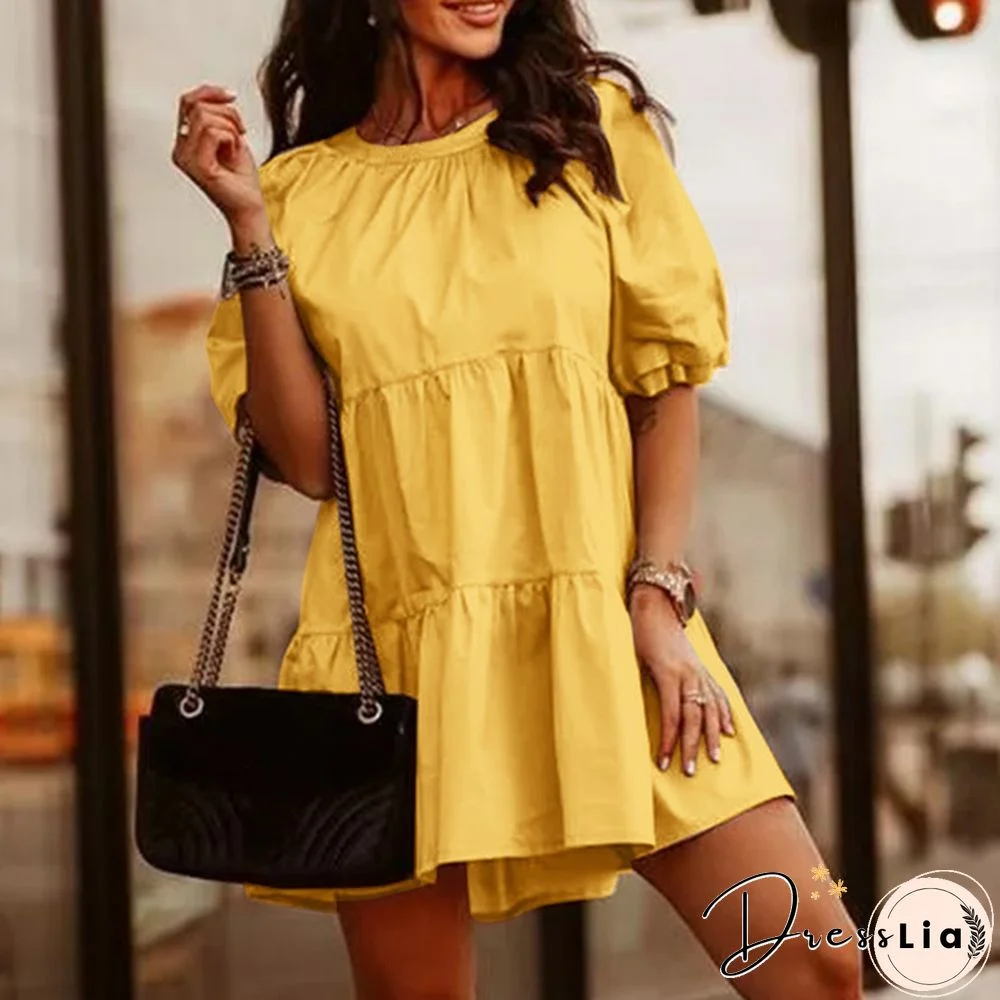 Women Casual Loose Elegant Mini Dress Summer Short Sleeve Party Pleated A Line Dress Plus Size Kleid