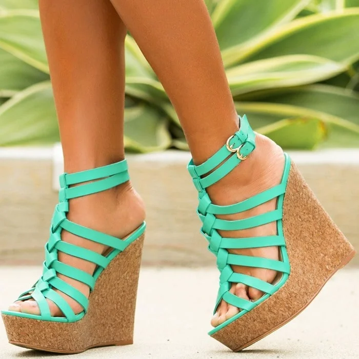 Turquoise Platform Heels Ankle Strap Cork Wedge Gladiator Sandals |FSJ Shoes