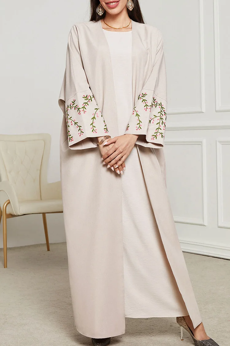 Colorblock Embroidery Long Sleeve Open Front Abaya Long Cardigan