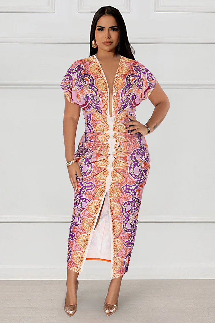 Tribal Print V Neck Short Sleeve Ruched Slit Bodycon Vacation Midi Dress