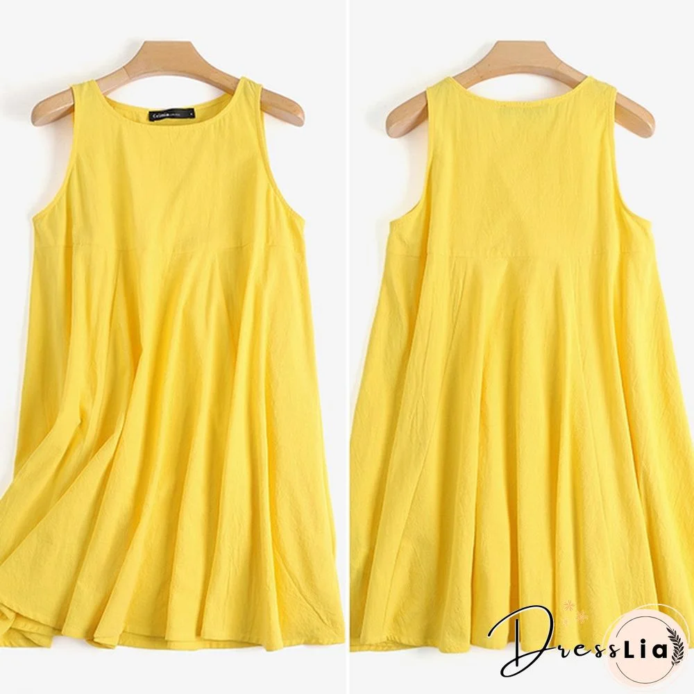 Women Sleeveless Mini Dress Summer Cotton Party Casual Loose Pleated Dress Plus Size Clothes