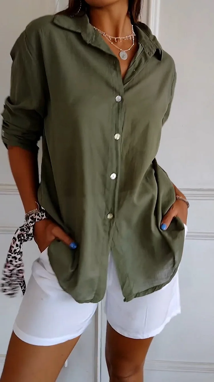 Lapel Mid-sleeve Cotton and Linen Shirt