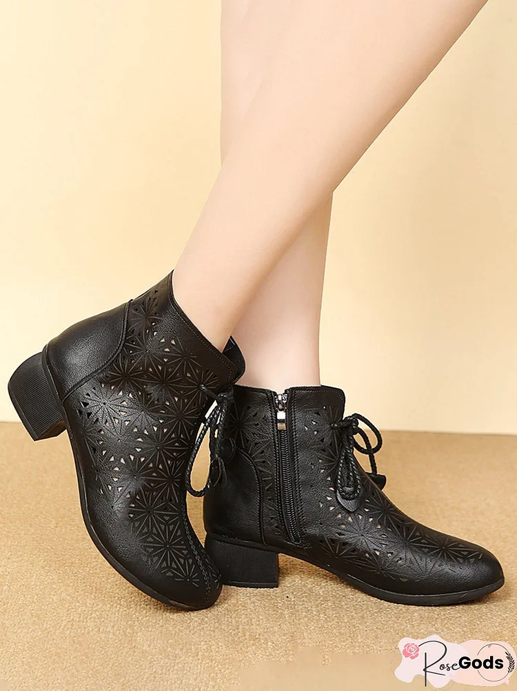 Vintage Soft Leather Cutout Breathable Chunky Heel Lace-Up Boots