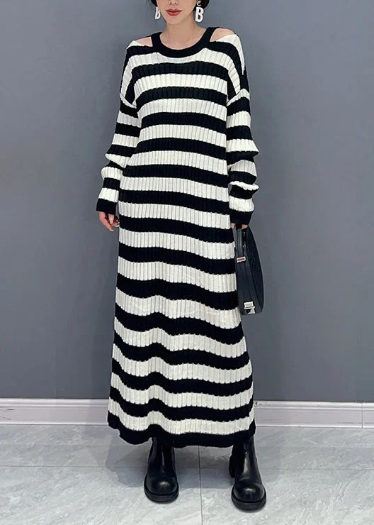 Women Black Striped Side Open Patchwork Knit Dress Fall