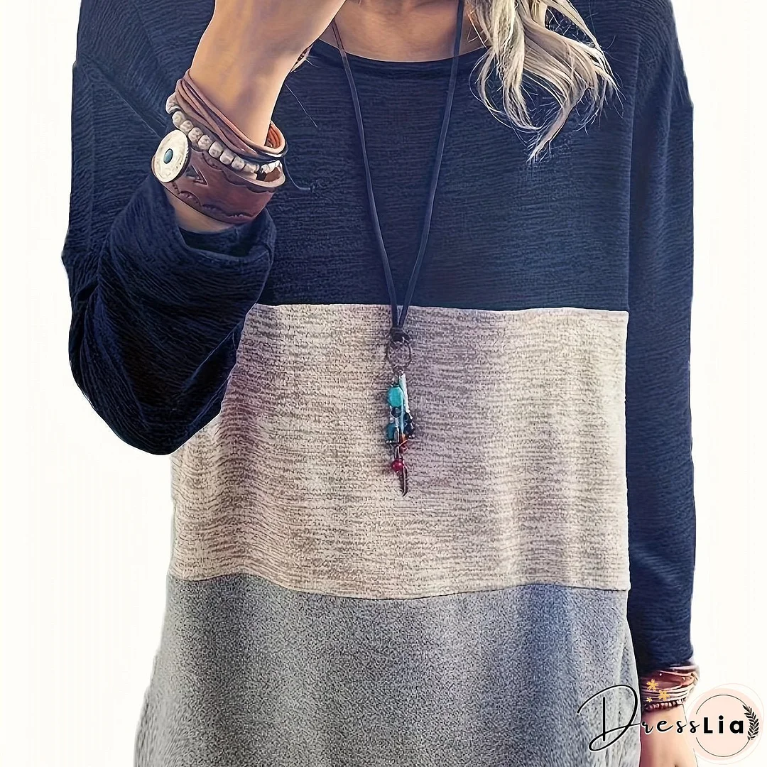 Plus Size Casual Top, Women's Plus Colorblock Long Sleeve Round Neck Medium Stretch Top