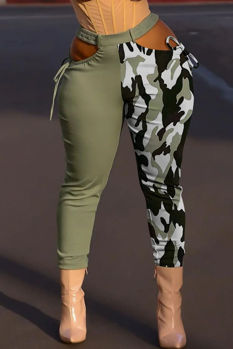 Green Fashion Sexy Print Camouflage Print Hollowed Out Split Joint High Waist Pencil Patchwork Bottoms