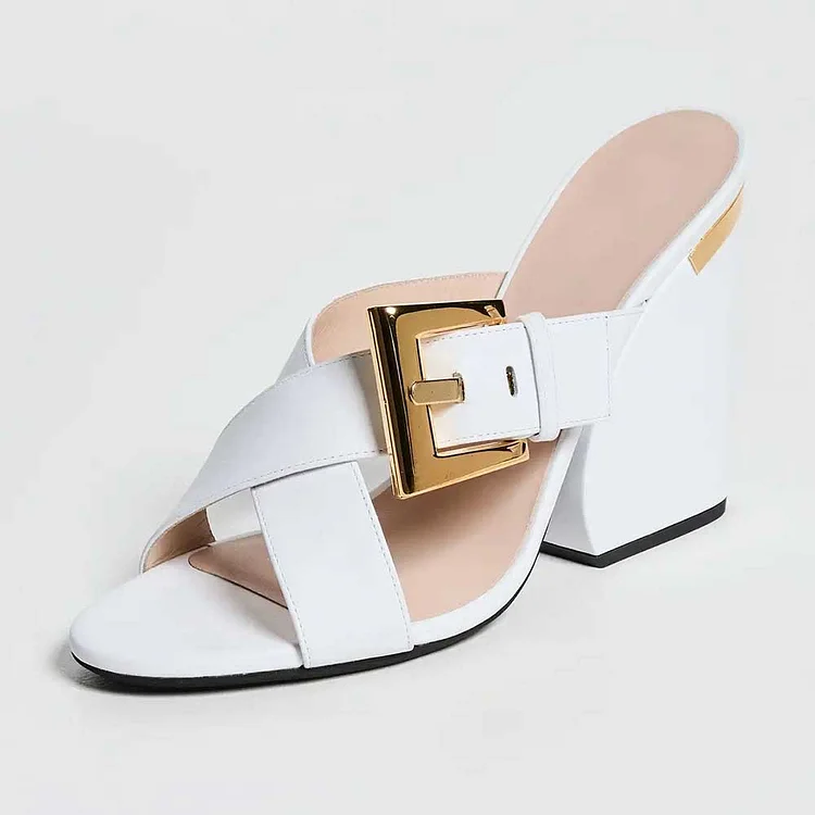 White Open Toe Gold-Tone Buckle Strap Chunky Heel Mules Sandals |FSJ Shoes