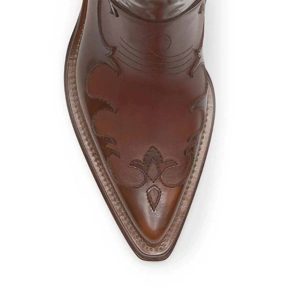 Brown Pointed Toe Chunky Heel Stitching Pull On Cowgirl Boots