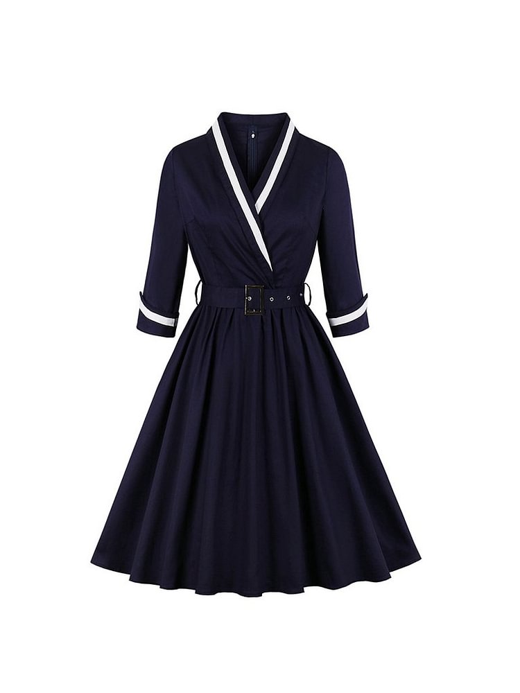 Mayoulove 1940s Dress Cross V-neck Slim Swing Dress With Belt-Mayoulove