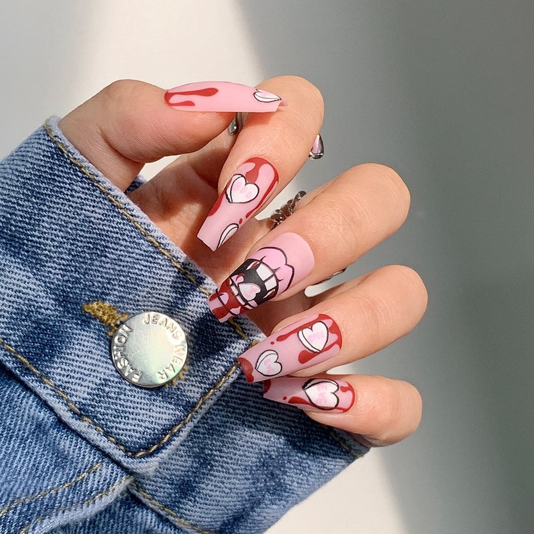 24pcs Fake nails with design Long False Nails Detachable Blood Lip Pattern Coffin Nails Acrylic Ballerina Nail Accessory Art Tip
