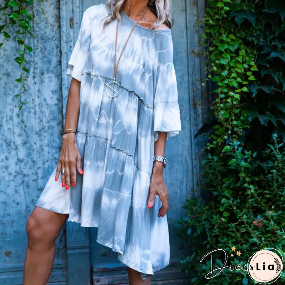 Off Shoulder Tie Dye Loose Casual Midi Dress