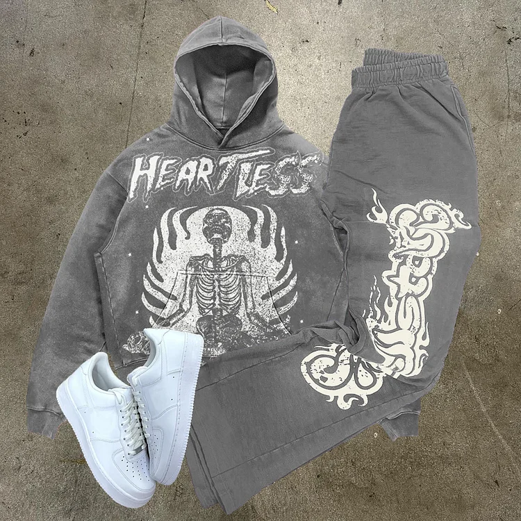 Vintage Heartless Graphic Print Gray Pullover Hoodie & Flared Trousers