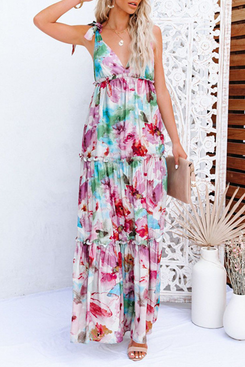 Fashion Elegant Print Split Joint Stringy Selvedge V Neck A Line Dresses