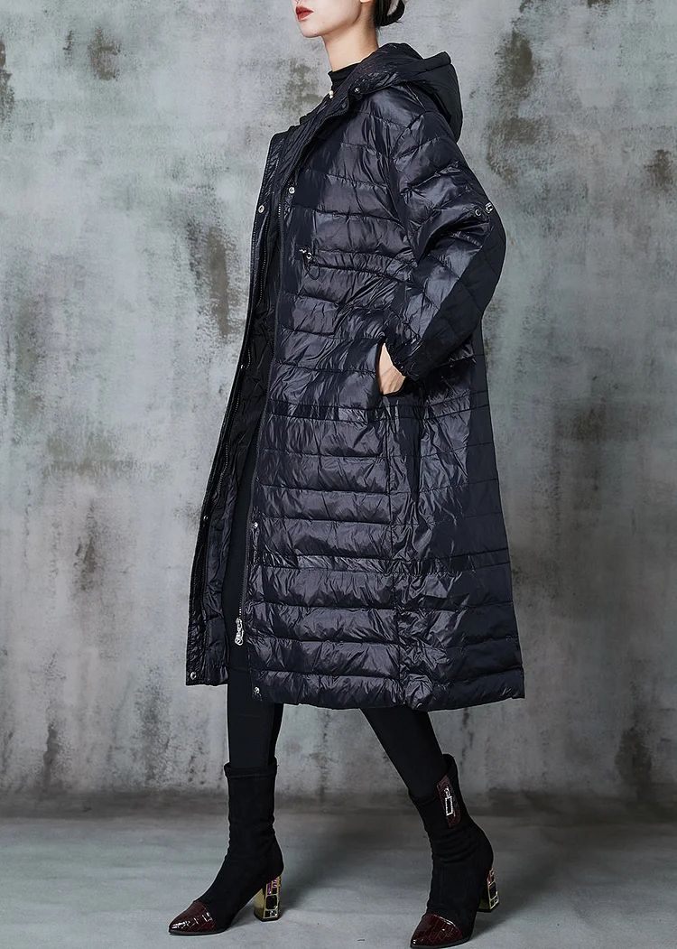 Fitted Black Drawstring Patchwork Duck Down Puffer Jacket Winter