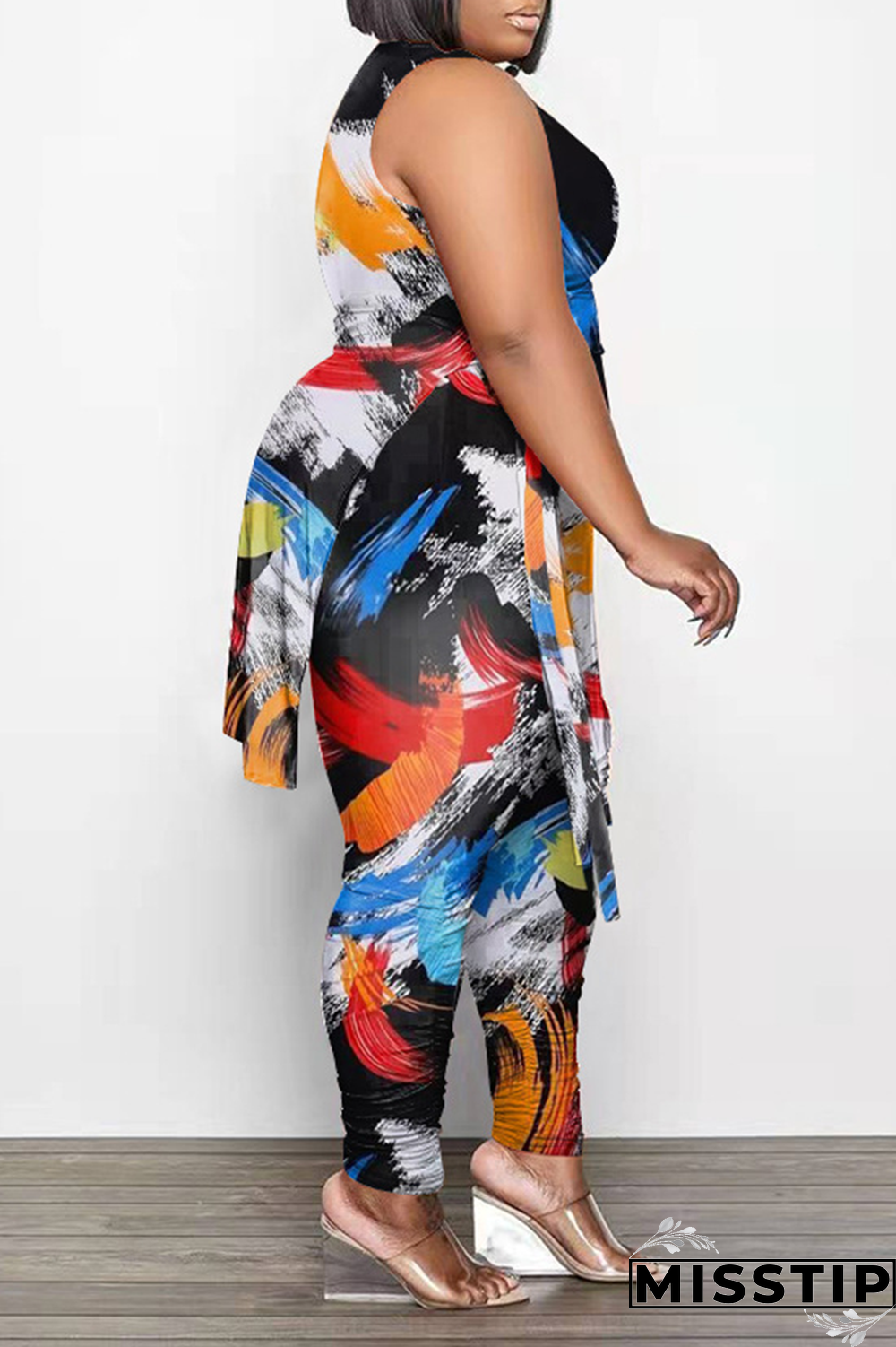 Black White Fashion Print Draw String O Neck Plus Size Two Pieces