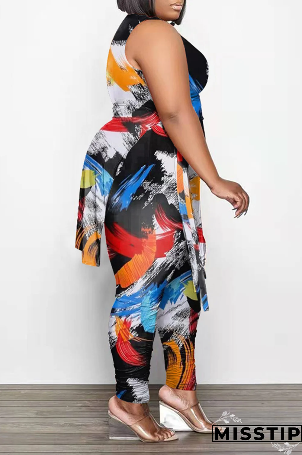 Black White Fashion Print Draw String O Neck Plus Size Two Pieces