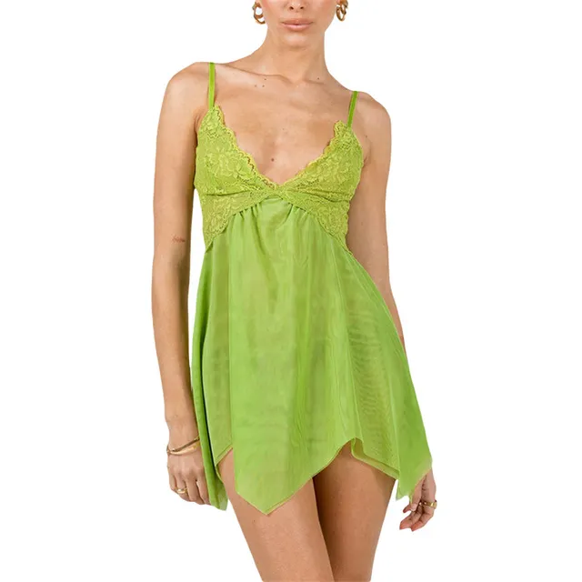 Women Fairy Dress Green Lace Spaghetti Strap Sleeveless Mesh A Line Mini Dress Halloween Cosplay Costume Clubwear 