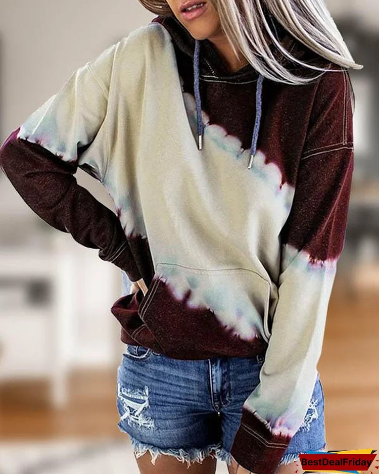 Women's Color Block Fleece Pullover Long Sleeve Pockets Hoodies Top