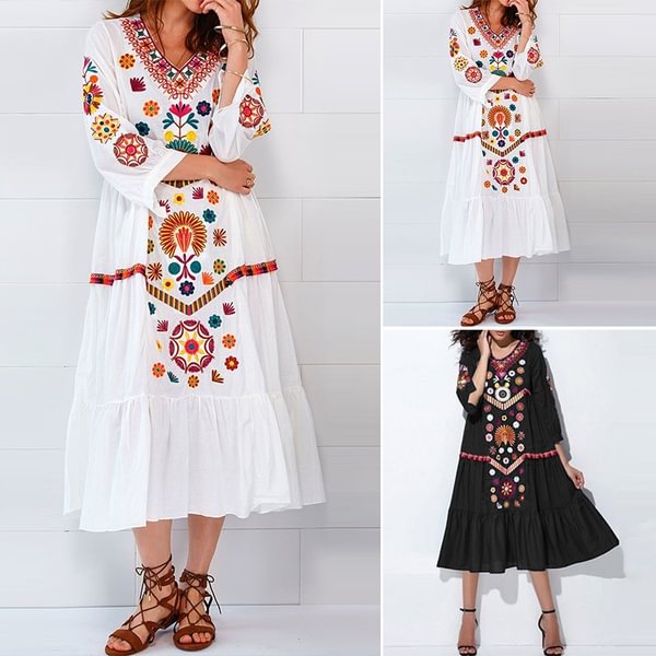 Zanzea Women Summer V-Neck Bohemia Floral Print Beach Sun Dress Ladies Midi Maxi Dress - BlackFridayBuys