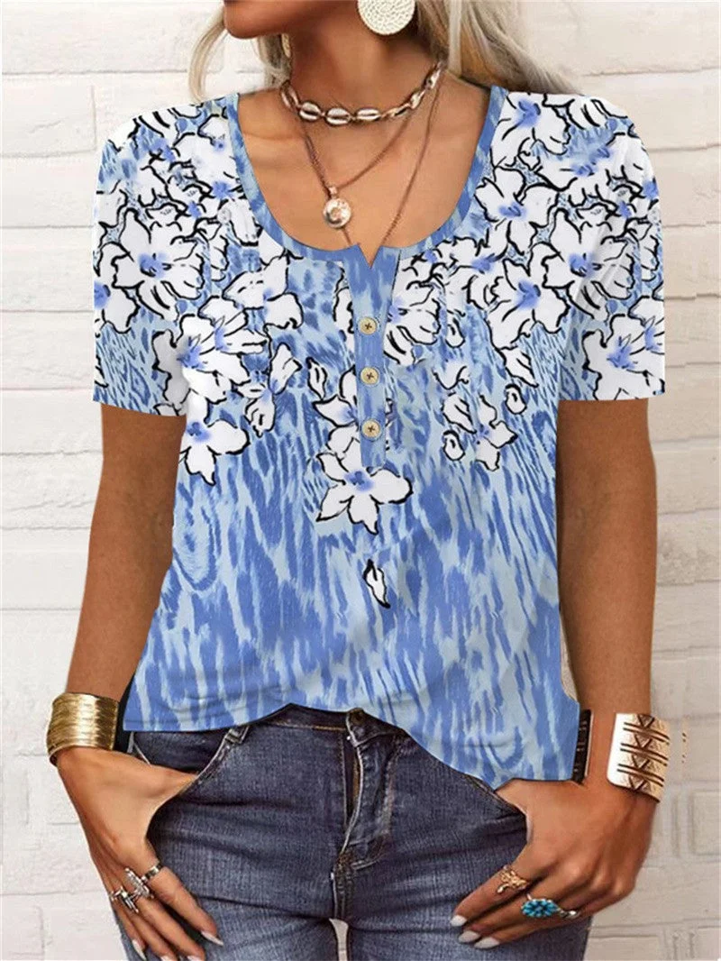 Women's Short Sleeve Round Neck Floral Print Casual Top T-Shirt
