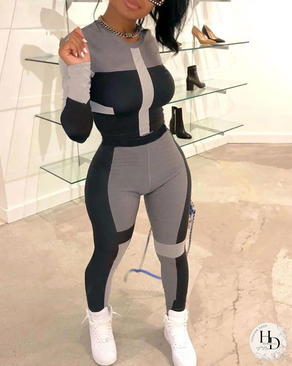 Plus Size Colorblock Crop Top & High Waist Pants Set