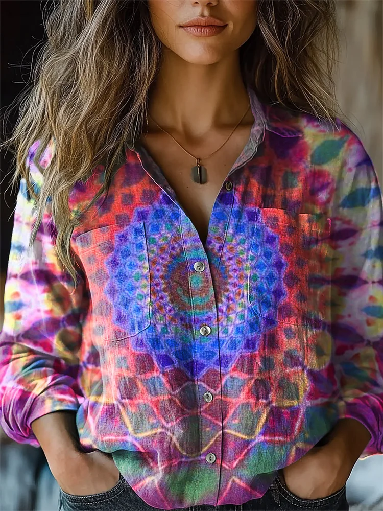Women's Trippy Tie Dye Kaleidoscope Print Casual Long Sleeve Comfortable Cotton Shirt