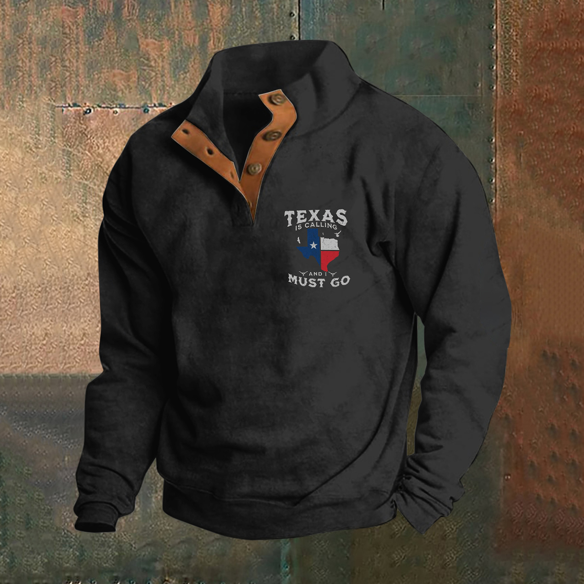 Men's Texas Print Stand Collar Button Sweatshirt