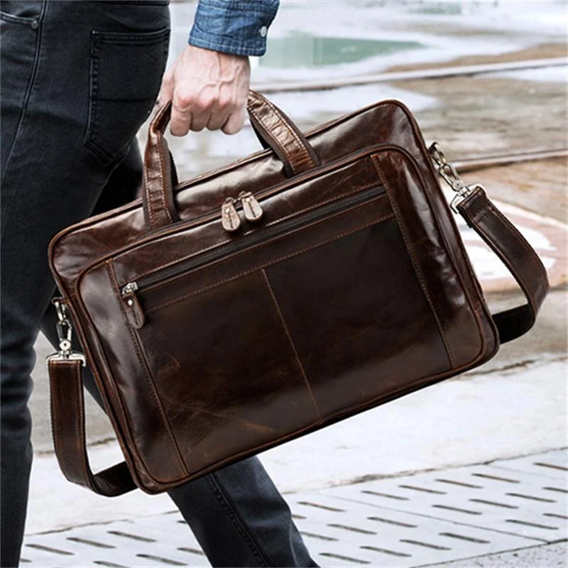 Classic Briefcase Leather Men's Portable 17 Inch Computer Bag Travel Bag