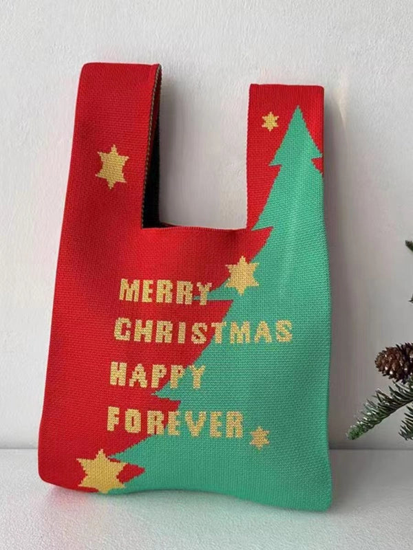 Christmas Unisex Polyester Animal Christmas Tree Santa Claus Cute Square Open Handbag Tote Bag