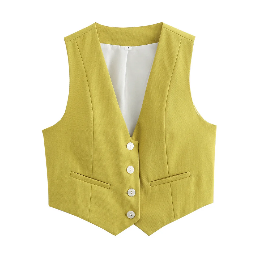 Nigikala Nigikala Women's Retro Solid Color Candy Color V-Neck Short Suit Vest / Horse Clip Cane