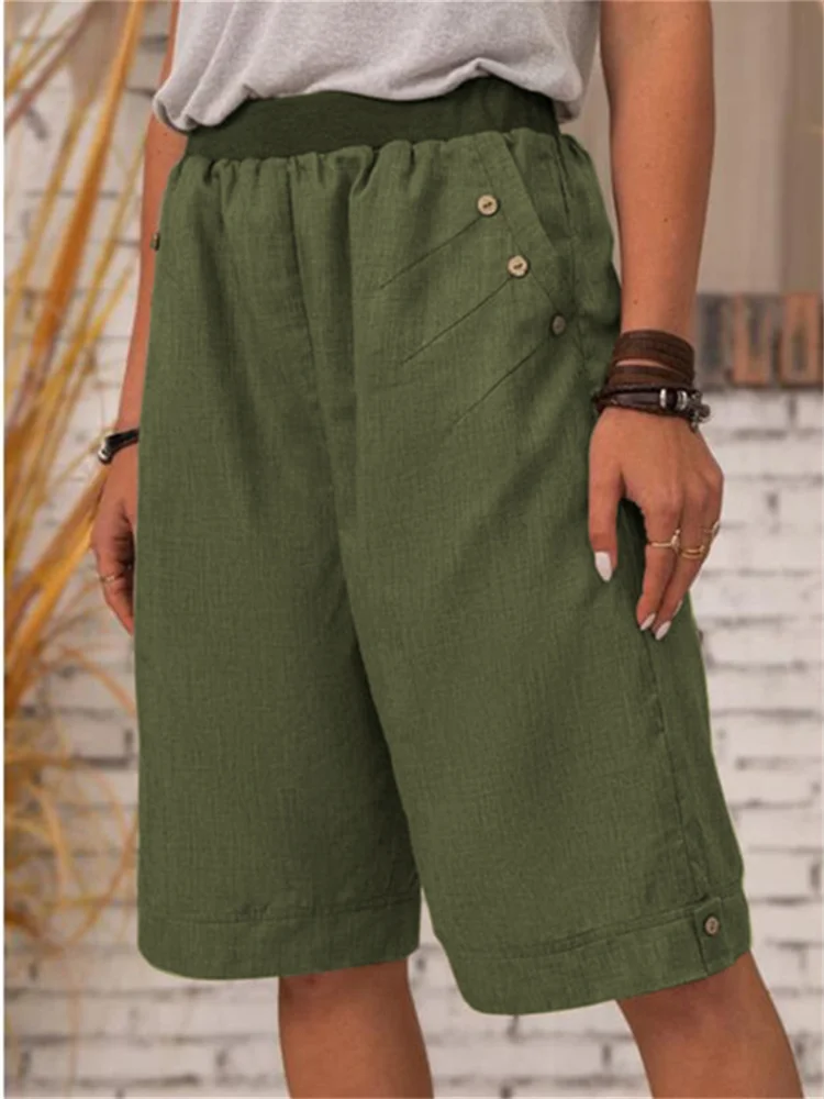 Button Accent Comfy Loose Fit Shorts