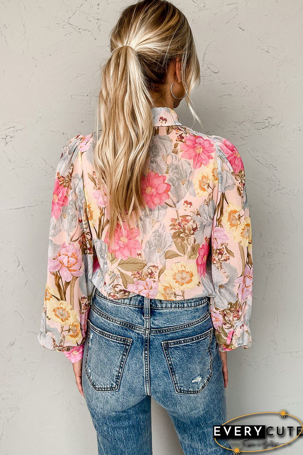 Pink All Floral Puff Sleeve Collared Shirt