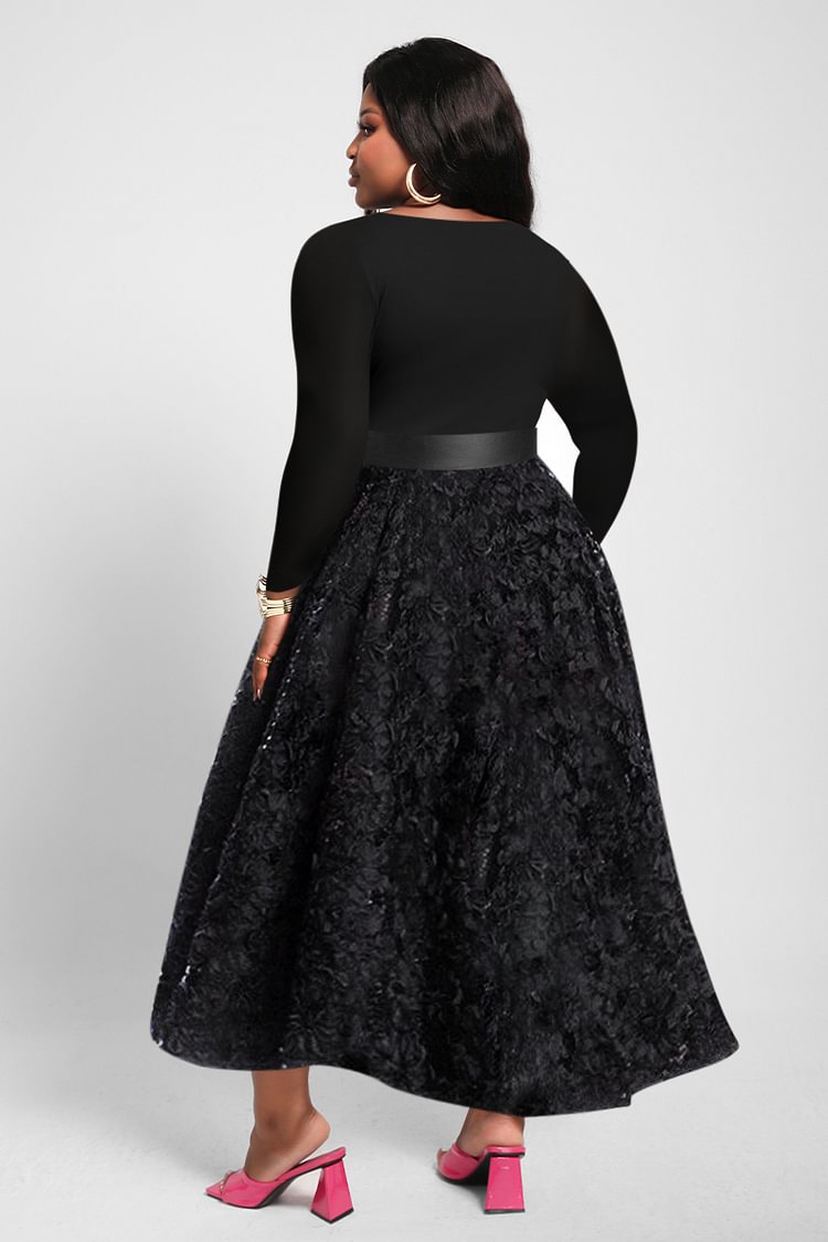 Xpluswear Plus Size Long Sleeve Sequin Little Black Pleated Midi Dress