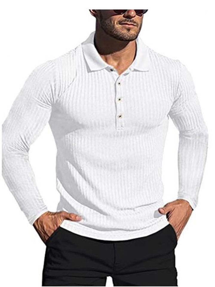 Men's Running Fitness Autumn High Stretch Vertical Stripe Solid Color Long Sleeve Polo Shirt Slim Knit Polo Shirt