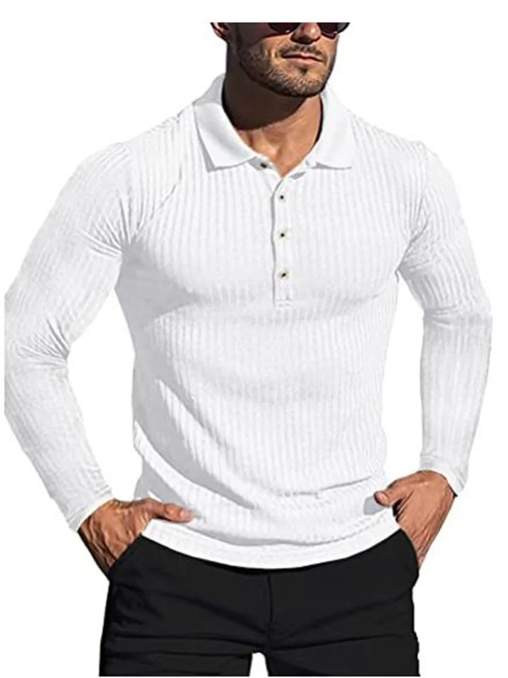 Men's Running Fitness Autumn High Stretch Vertical Stripe Solid Color Long Sleeve Polo Shirt Slim Knit Polo Shirt-Cosfine