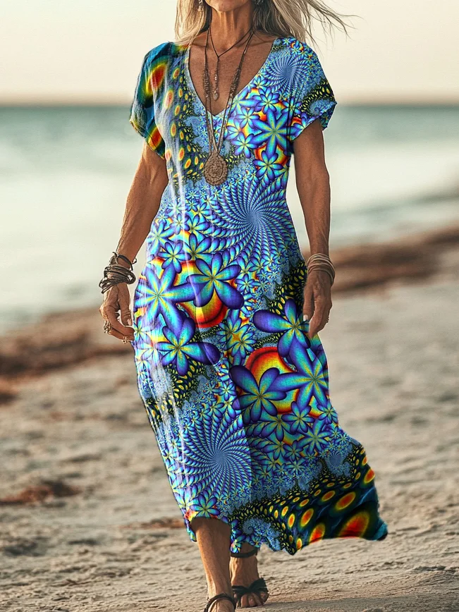 Women's Swirling Floral Art Print Round Neck Sleeveless Pocket Linen Dress