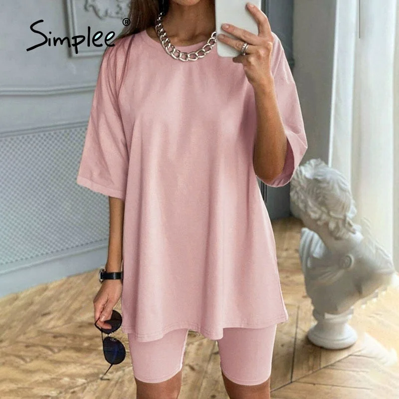 Simplee Casual Solid Outfits Women's Two Piece Suit with Belt Home Loose Sports Tracksuits Fashion Bicycle Summer Hot Suit 2020