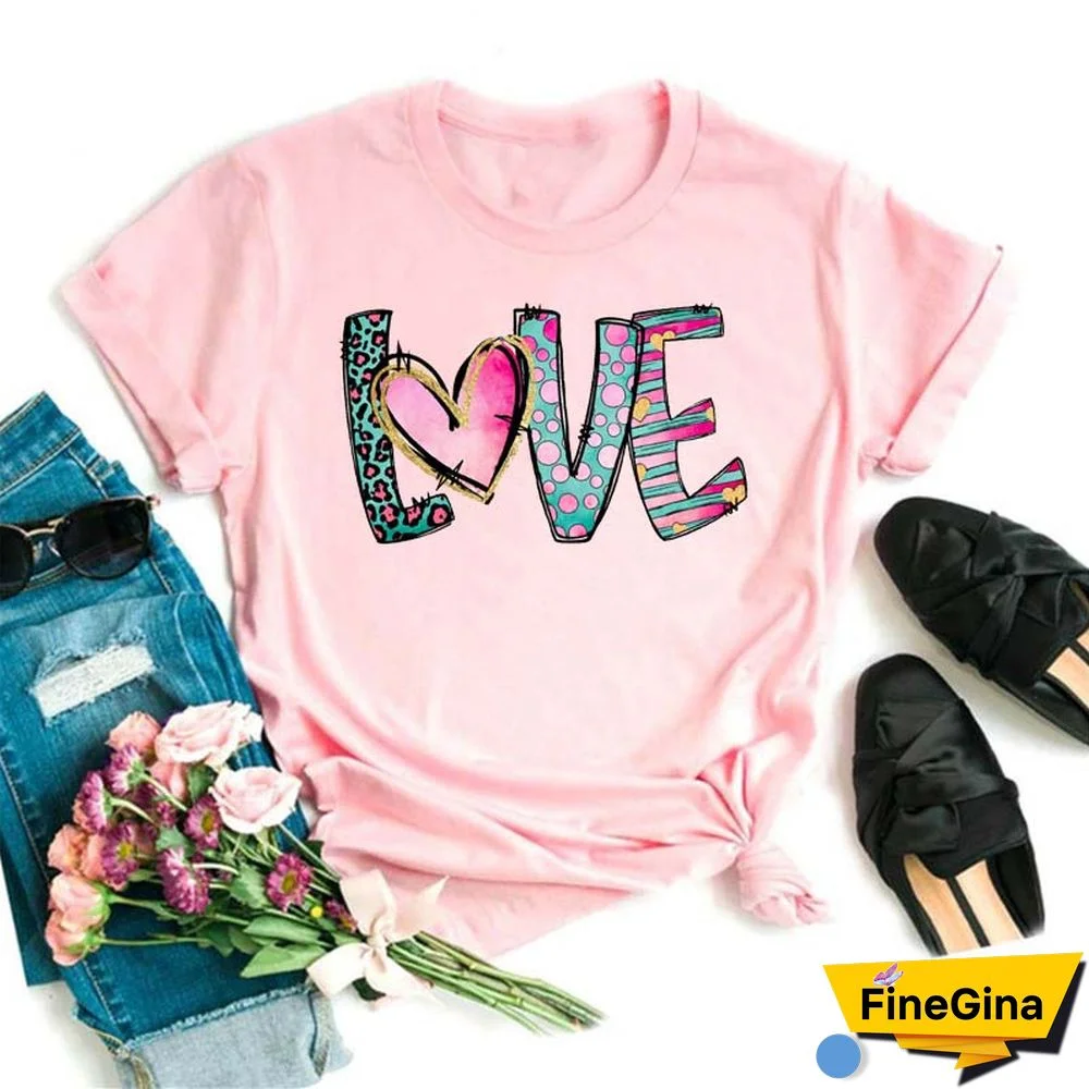 Maycaur Fashion Women T Shirt Love Heart Printed T Shirt Casual Red Tops 90s Valentine's Shirt Female Harajuku Graphic Tshirt