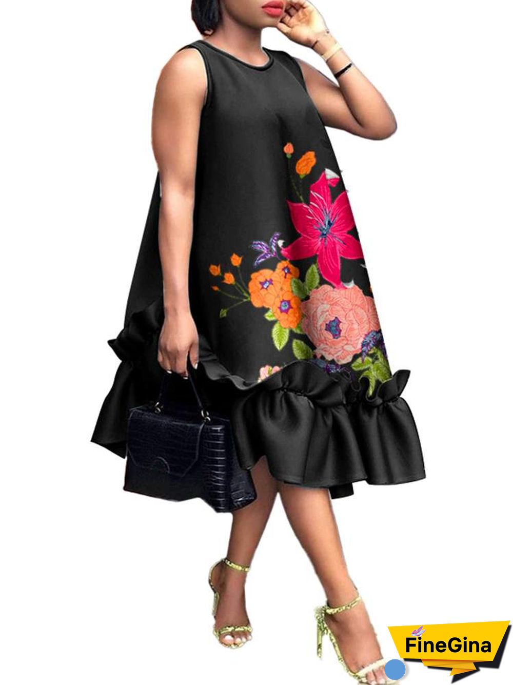 Women Elegant Midi Dress Summer Party Long Dresses VONDA Sexy Sleeveless Fashion Beach Floral Print Ruffled Tank Vestidos