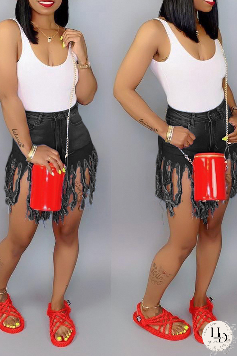 Blue Denim Button Fly Zipper Fly Mid Solid Patchwork Tassel Straight shorts