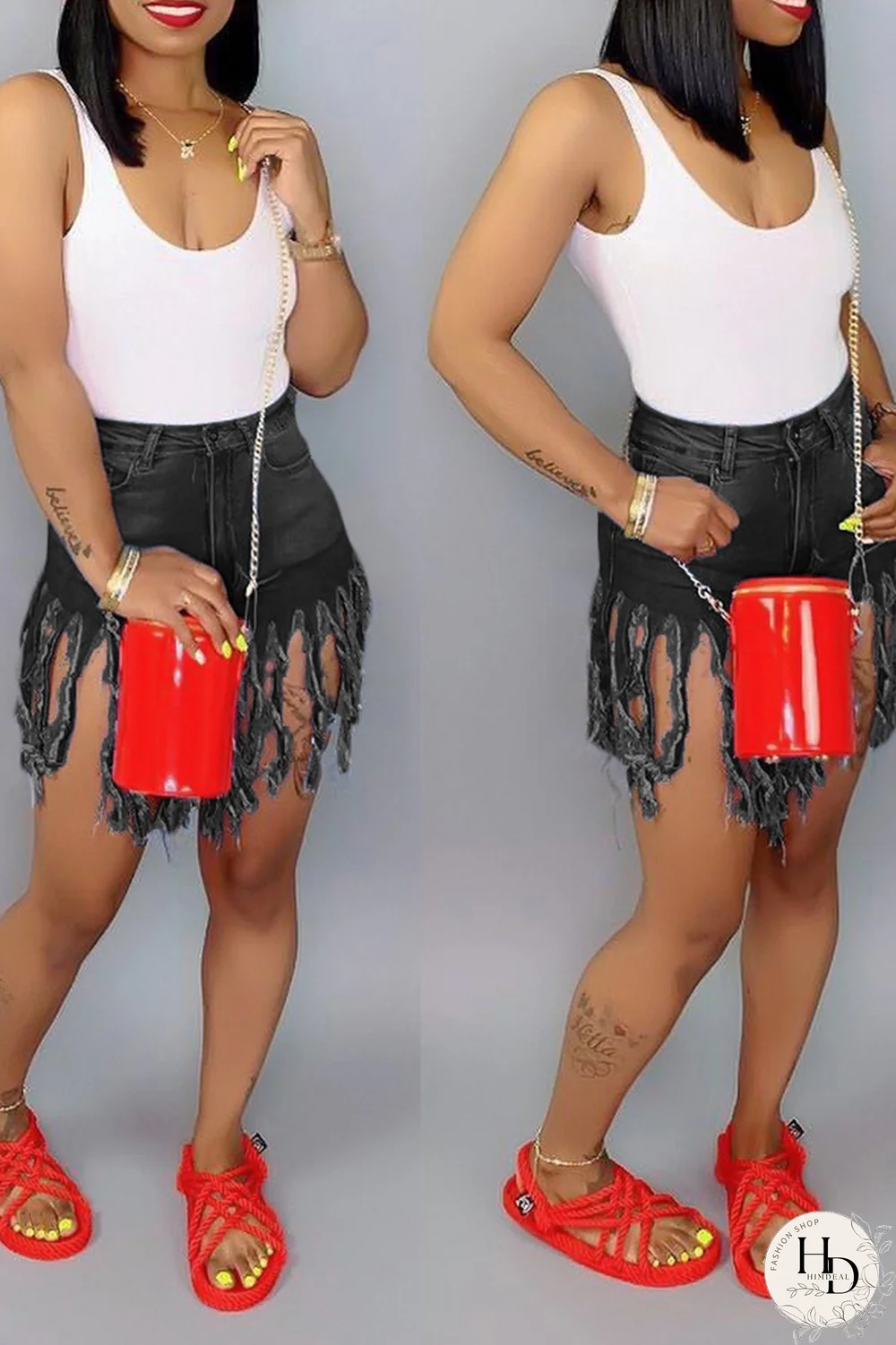 Blue Denim Button Fly Zipper Fly Mid Solid Patchwork Tassel Straight shorts