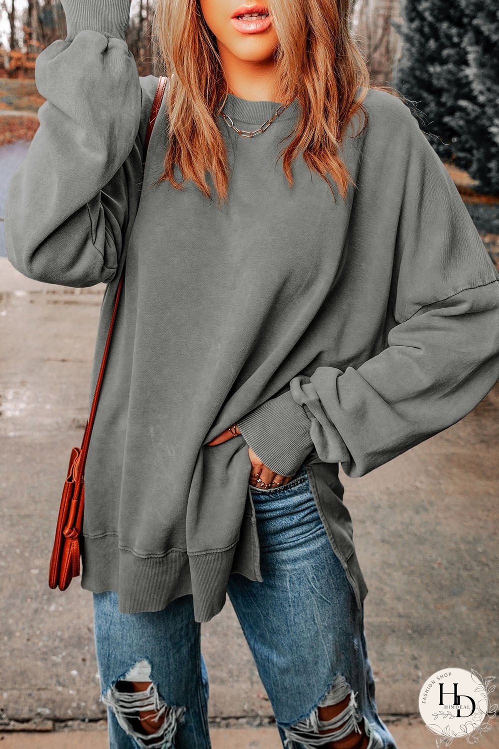 Dropped Shoulder Round Neck Long Sleeve Blouse
