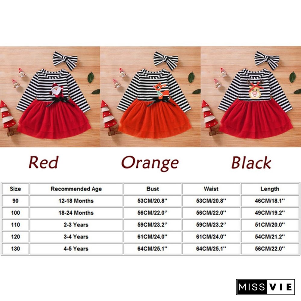 New Fashion Toddler Baby Girls Cute Christmas Santa Striped Print Tulle DressHeadband