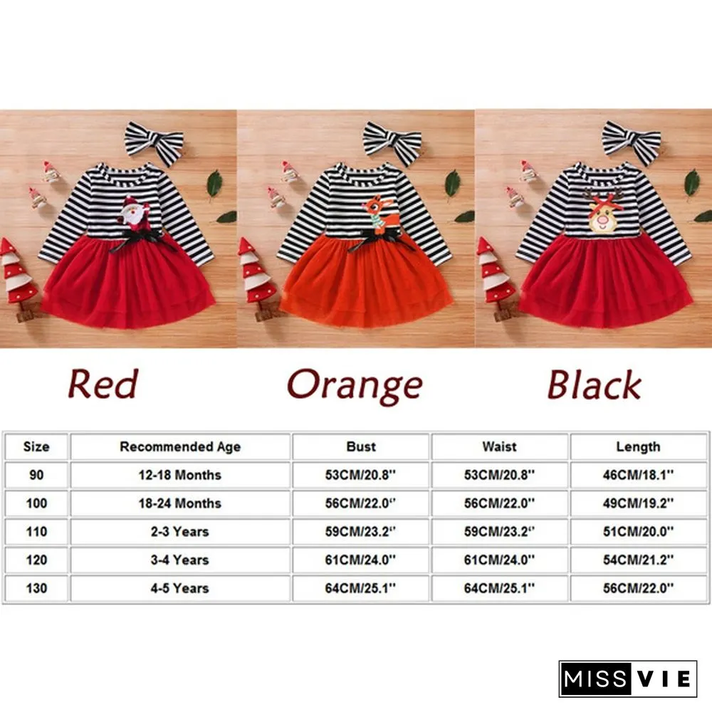 New Fashion Toddler Baby Girls Cute Christmas Santa Striped Print Tulle DressHeadband