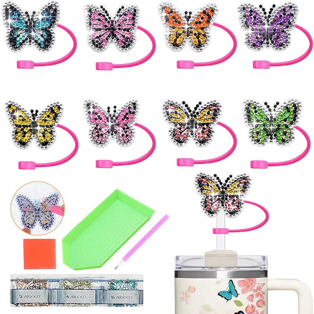 8Pcs DIY Butterfly Acrylic Silicone 5D DIY Diamond Painting Straw Cap for Tumblers