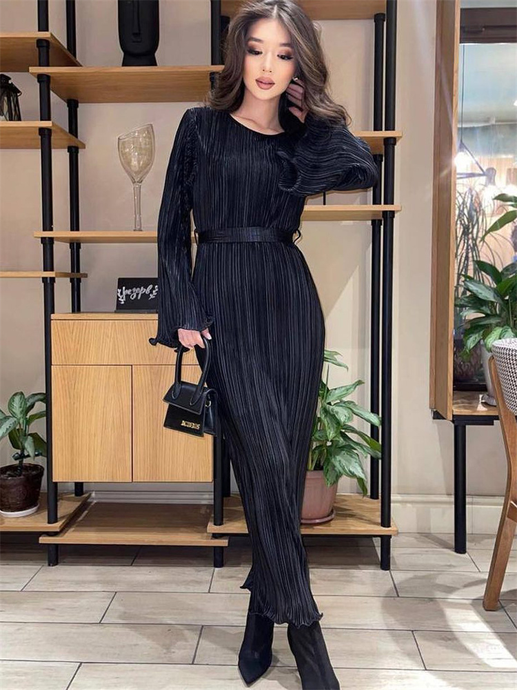 Ootddress Ruffled Lace-Up Ribbed Maxi Dress For Women Long Sleeve Fashion High Waist Elegant Party Dress Autumn Bandage Ladies Dress