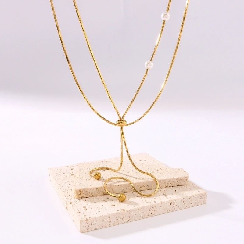 304 Stainless Steel 18K Gold Plated IG Style Romantic Shiny Pearl Round Artificial Pearls Double Layer Necklaces