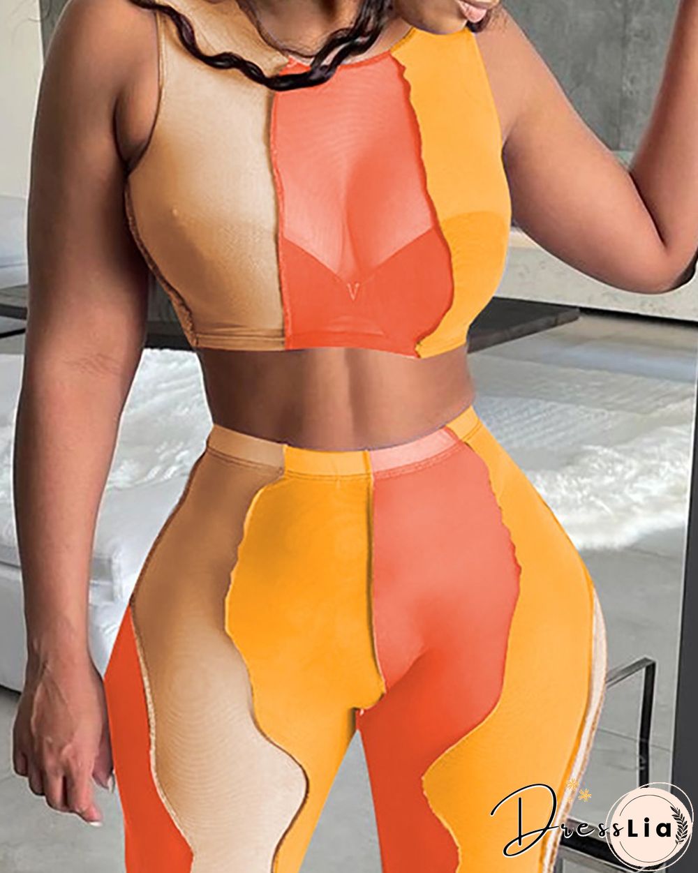 Colorblock Sheer Mesh Crop Top & Pants Set