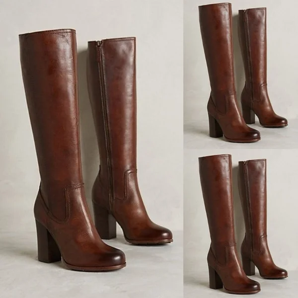 Women's Autumn And Winter Fashion High Heel Boots Brown Zipper Faux Leather Boots Thigh-High Long Boots Snow Boots