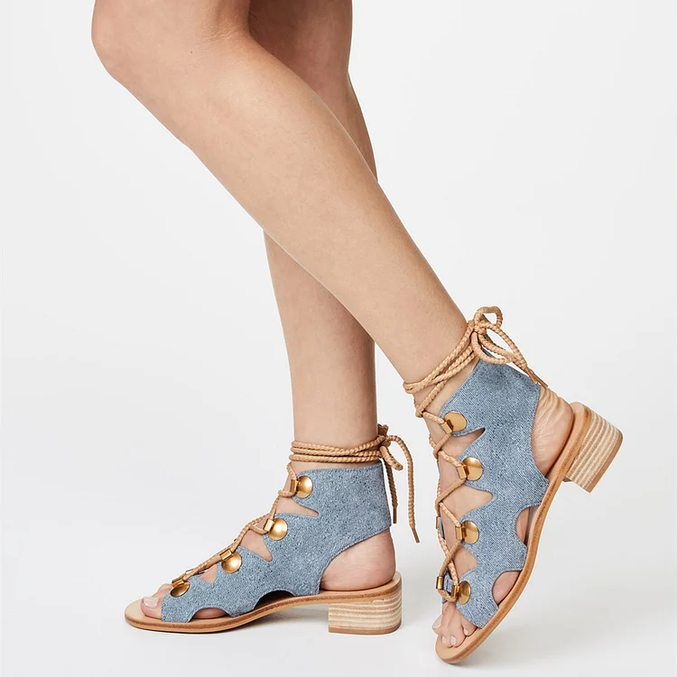 Blue Jean Block Heel Slingback Lace Up Sandals |FSJ Shoes